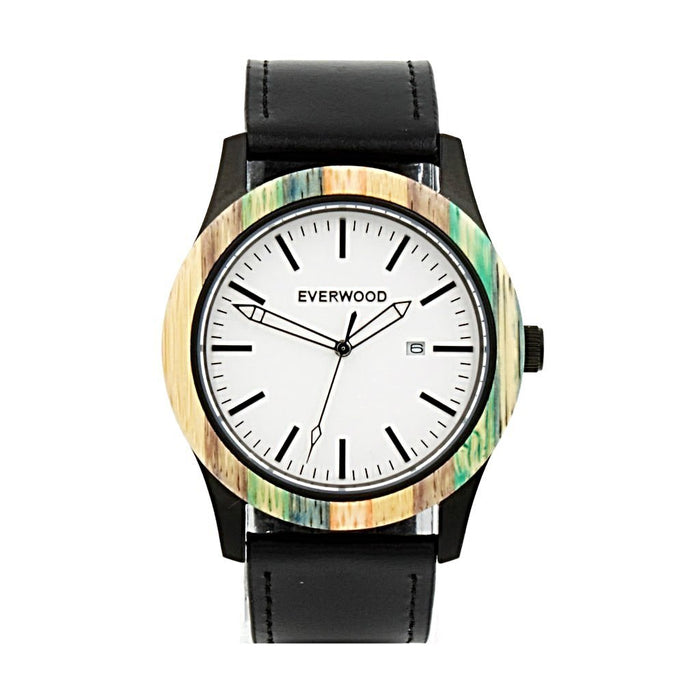 EVERWOOD Multi Bamboo and Black Leather Watch