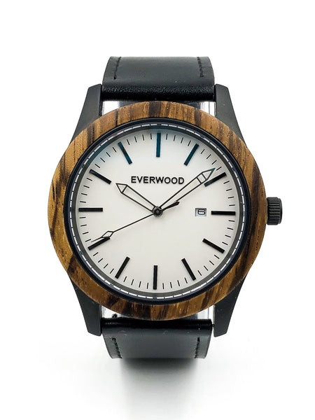 EVERWOOD Inverness Watch in Zebrawood and Black Leather