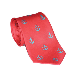 SUMMER TIES Printed Silk Anchor Necktie in Light Blue on Coral