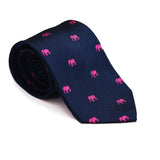 SUMMER TIES Woven Silk Elephant Necktie in Pink on Navy