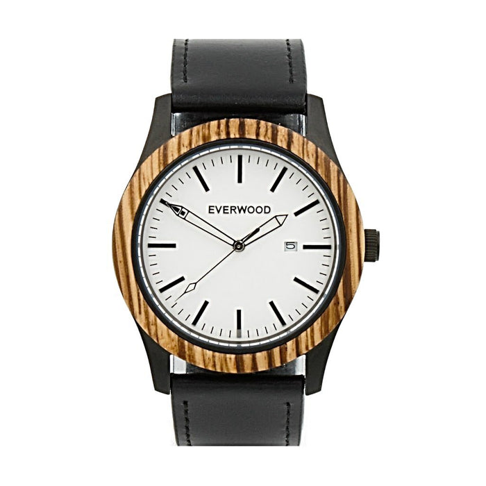 EVERWOOD Inverness Watch in Zebrawood and Black Leather