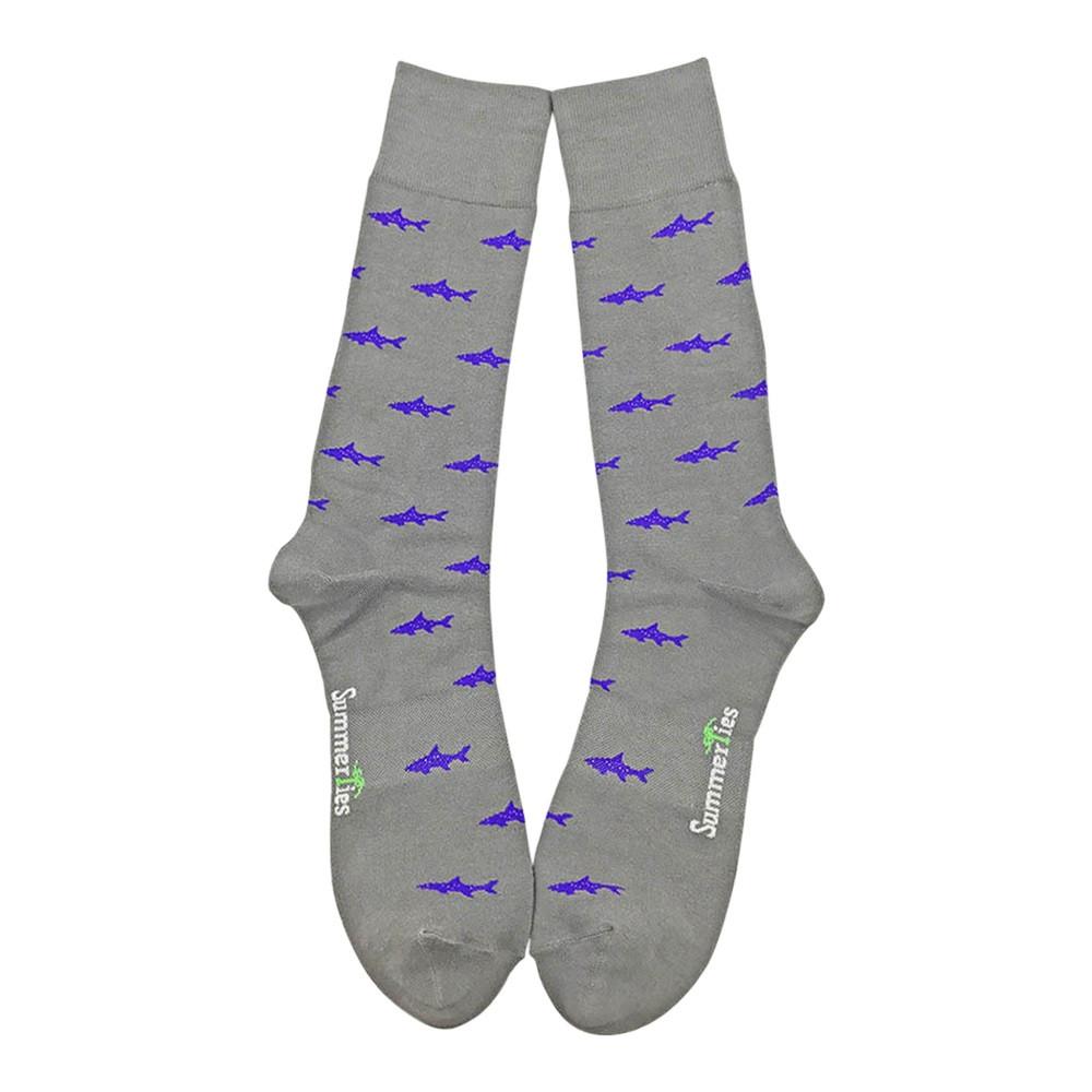 SUMMER TIES Shark Socks in Purple on Gray