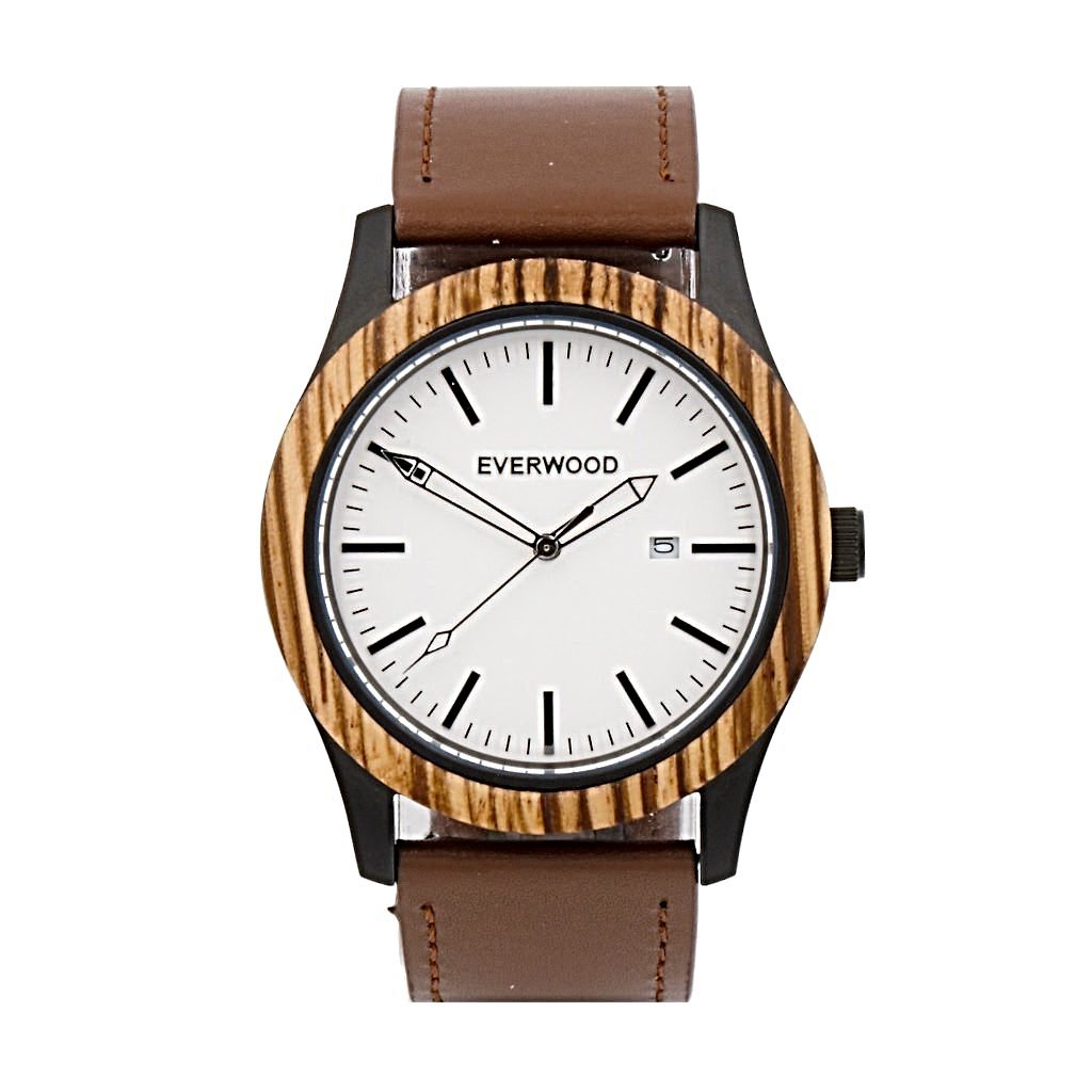 EVERWOOD Zebrawood and Brown Leather Watch