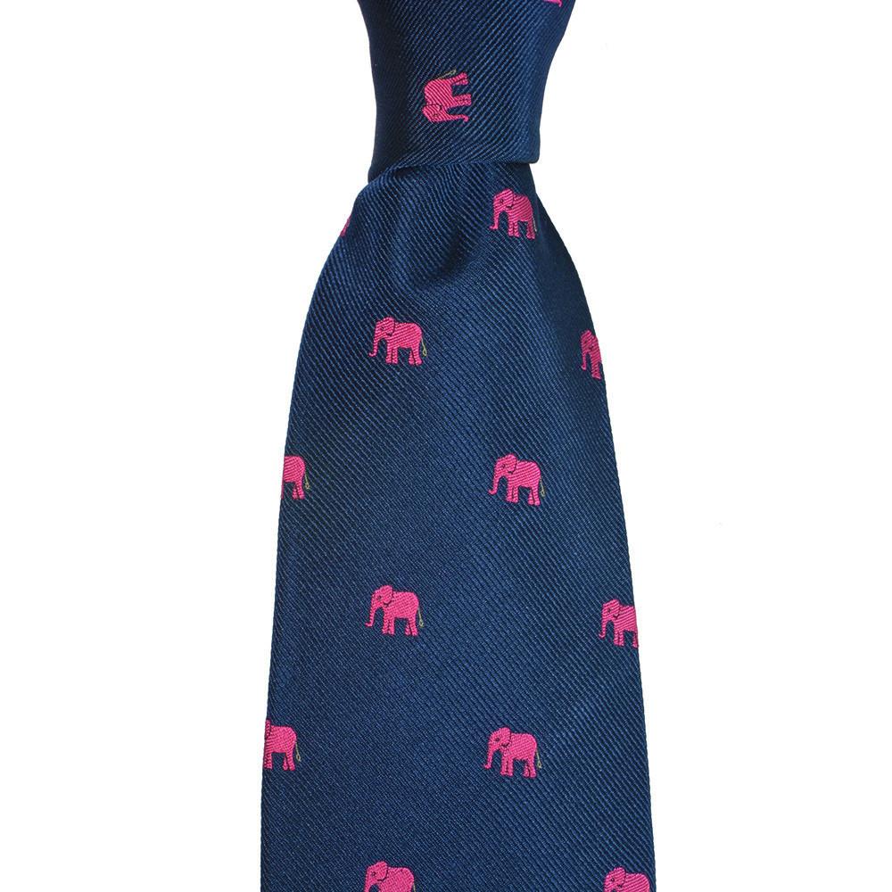 SUMMER TIES Woven Silk Elephant Necktie in Pink on Navy
